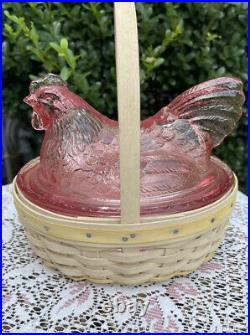 Longaberger Easter Basket Set Whitewashed with Pink Glass Hen Nest Chicken