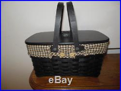 Longaberger Ebony Black Medium Market Basket Set with Khaki Check Liner & Lid
