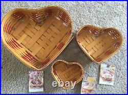 Longaberger Heart Basket Set of 3 with Lids Liners Protectors New Free Ship