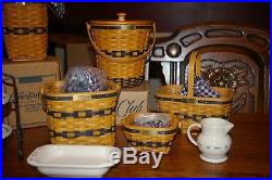 Longaberger JW collection, 6 minature baskets, 4 pottery/rod iron sets