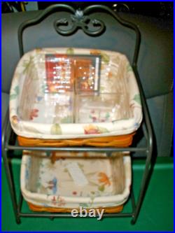 Longaberger LITTLE BIN Wrought Iron Stand + Baskets + Protectors + Liners EUC