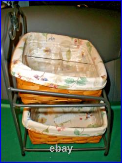 Longaberger LITTLE BIN Wrought Iron Stand + Baskets + Protectors + Liners EUC