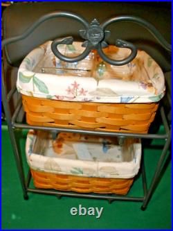 Longaberger LITTLE BIN Wrought Iron Stand + Baskets + Protectors + Liners EUC