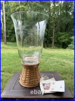 Longaberger Large Glass Etched Hurricane With Woven Pedestal Stand New Longaberger Large Glass Etched Hurricane With Woven Pedestal Stand New