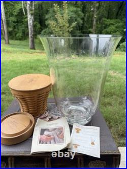Longaberger Large Glass Etched Hurricane With Woven Pedestal Stand New Longaberger Large Glass Etched Hurricane With Woven Pedestal Stand New
