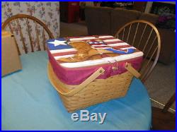 Longaberger Lg Picnic Basket Set Painted Lid Red/Wt/Blue Americana Cowboy Boots