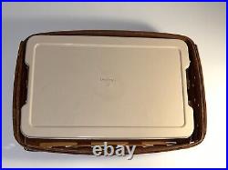 Longaberger Medium Entertaining Basket Protector Lid Wood Handles Rich Brown