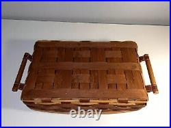 Longaberger Medium Entertaining Basket Protector Lid Wood Handles Rich Brown