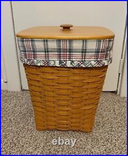 Longaberger Medium square waste basket with lid, liner and protector