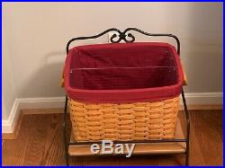 Longaberger NEWSPAPER Basket Set Wrought Iron Stand Wood Shelf Liner Protector