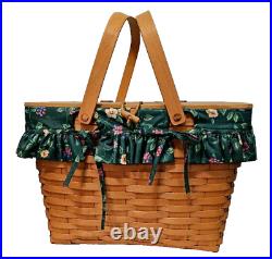 Longaberger Picnic Basket Large Lid Floral Liner Vintage 1998 Warm Brown