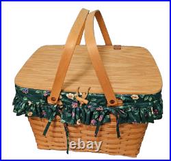 Longaberger Picnic Basket Large Lid Floral Liner Vintage 1998 Warm Brown