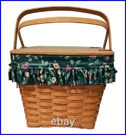 Longaberger Picnic Basket Large Lid Floral Liner Vintage 1998 Warm Brown