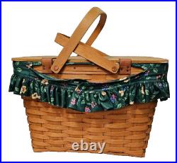 Longaberger Picnic Basket Large Lid Floral Liner Vintage 1998 Warm Brown