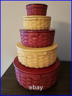 Longaberger ROUND KEEPING BASKET SET Lot of 5 with Protectors & Lids NEW