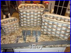 Longaberger Rare Hanging Basket Set Of 3 With Rod Blue Beige Set