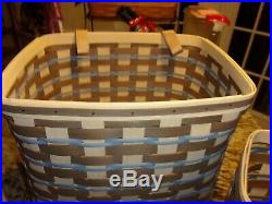 Longaberger Rare Hanging Basket Set Of 3 With Rod Blue Beige Set