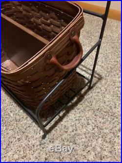 Longaberger Rich Brown Newspaper Basket Protector Divider Wrought Iron Stand Set