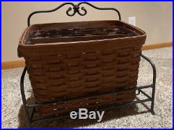 Longaberger Rich Brown Newspaper Basket Protector Divider Wrought Iron Stand Set