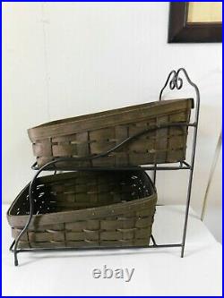 Longaberger Rich Brown Tapered Paper Tray Basket Set Wrought Iron Stand