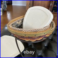 Longaberger Set Of 2 -2008 Multicolor Triangle Baskets, liners, LiddedProt& Stand