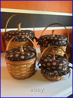 Longaberger Set Of 4 Pumpkin Baskets With Lids, Liners & Protectors