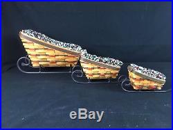 Longaberger Set of 3 Christmas Sleigh Baskets Traditional Holly w Wrought Iron