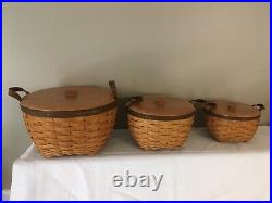 Longaberger Set of 3 Work Baskets 8 10 12 with Protectors and Lids Warm Brown