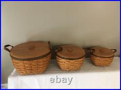 Longaberger Set of 3 Work Baskets 8 10 12 with Protectors and Lids Warm Brown