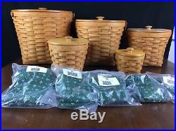 Longaberger Set of 5 Measuring Baskets w Heritage Green Liners Protectors Lids