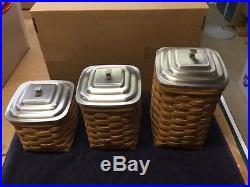 Longaberger Set of Basket Canisters 3 New with Silver Metal Lids RARE SET