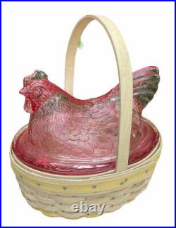 Longaberger Small Easter Basket Set Whitewashed with Pink Glass Hen Nest Chicken