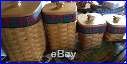 Longaberger Spoon Baskets Classic Evergreen Plaid Liners Canister Set