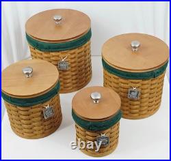 Longaberger VTG Canister Basket Set of 4 with Lids Liners Protectors & Charms