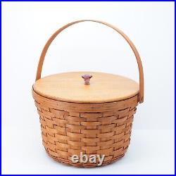 Longaberger Vintage 1989 XL Round Corn Basket Wood Lid Glass Knob 13 in Large