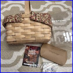 Longaberger White Basket 2003 Signed Ohio Visit withLiner, Protector, Welcome Orna