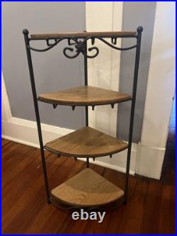 Longaberger Wrought Iron 4 Tiered Corner Shelf Stand 4 Oak Wood Shelves
