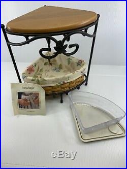 Longaberger Wrought Iron Corner Stand with Basket Set Wood Shelf Protector Liner