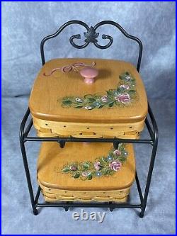 Longaberger Wrought Iron Stand 2 Baskets WithProtectors & Hand Painted lids Y2K