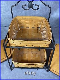 Longaberger Wrought Iron Stand 2 Baskets WithProtectors & Hand Painted lids Y2K