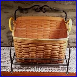 Longaberger XL Newspaper Basket Lid Wrought Iron Stand Sturdy Divided Protector