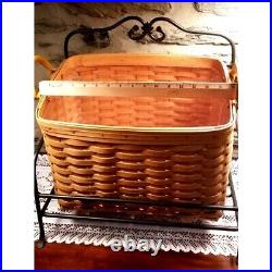 Longaberger XL Newspaper Basket Lid Wrought Iron Stand Sturdy Divided Protector