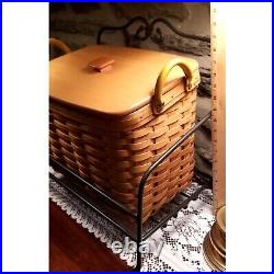 Longaberger XL Newspaper Basket Lid Wrought Iron Stand Sturdy Divided Protector