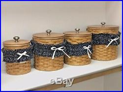 Lot Longaberger Canister Set of 4 With Lidded Protectors, Lids, Garters, 3 Tie Ons