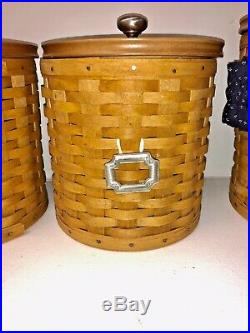 Lot Longaberger Canister Set of 4 With Lidded Protectors, Lids, Garters, 3 Tie Ons