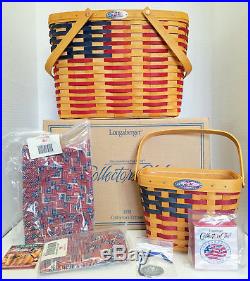 NEW Longaberger 25th Anniversary Basket Set Plus Liners Tie Ons Patriotic Flag