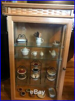 RARE Longaberger Cabinet w Miniature pottery, food, tea set, pies, dough utensil