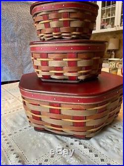 RARE Longaberger Set of 3 Stacking Baskets With Wood Lids Red woven star bottom