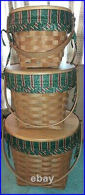Set 3 Longaberger 1993 Stacking Storage Baskets Wood Lids Liners & Protectors