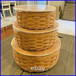 Set 3 Longaberger Round Keeping Baskets Wood Lids, Protectors with Lids 13 11 9